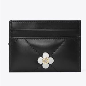 Tory Burch Black Kira Diamond Quilt Floral Card Holder/NEW